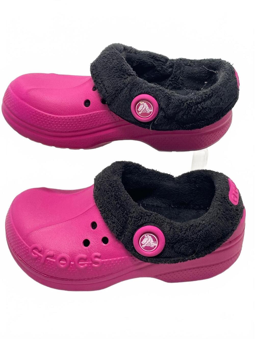Crocs Classic Lined Clogs in Pink with Black Fleece Lining, Child Size 6